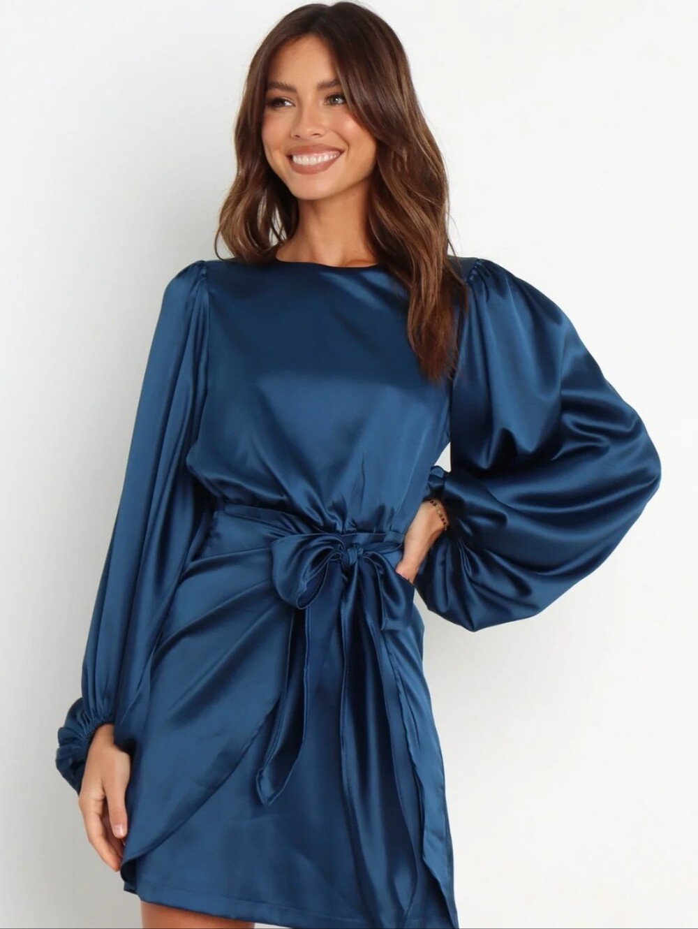 Petal & Pup Opal Tie Waist Long Sleeve Satin Minidress